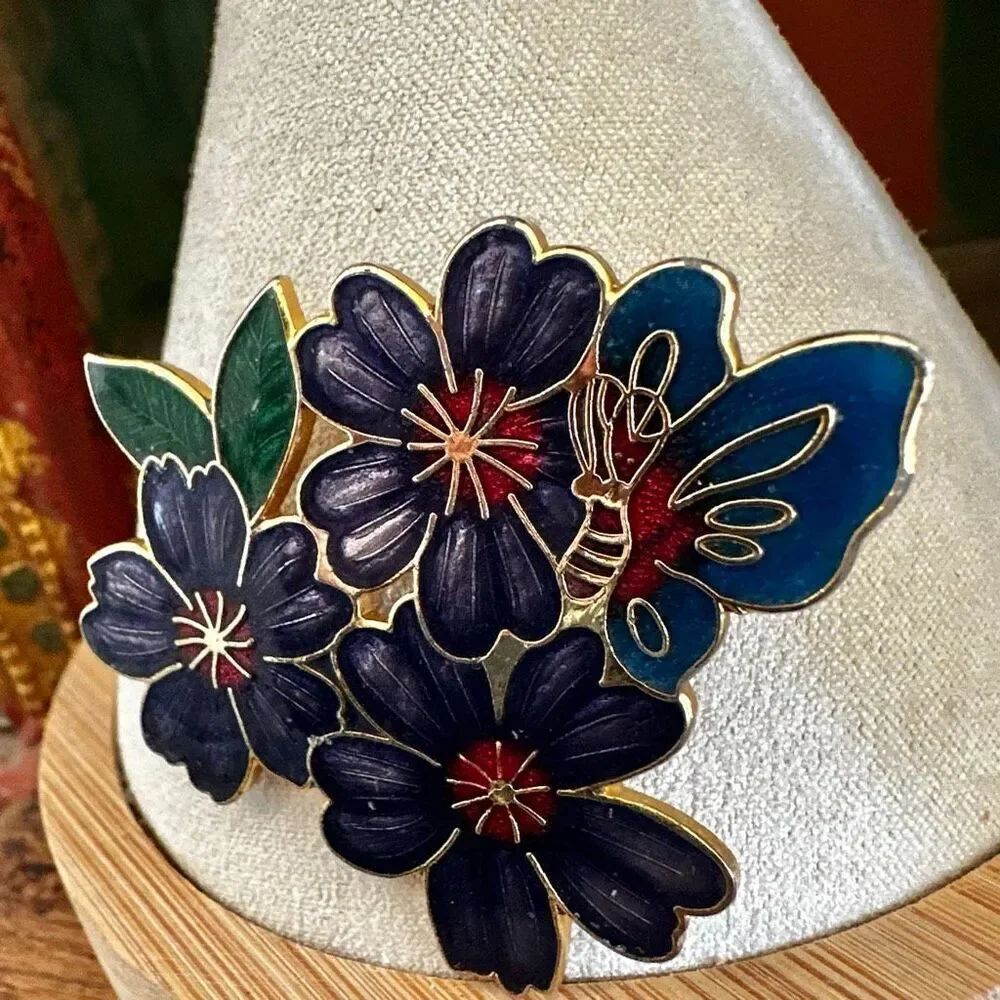 Vintage Cloisonné Butterfly & Purple Floral Brooch
